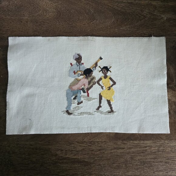 Vintage African American Completed Grandpa and Kids Cross Stitch - Picture 2 of 2